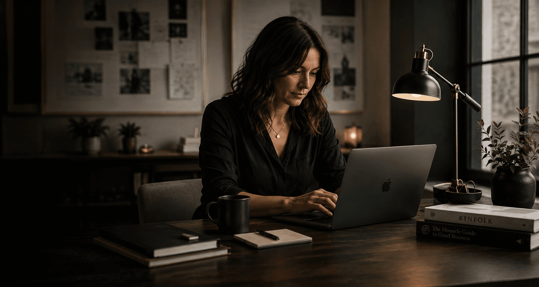 A business owner working focused at a laptop in a dark, editorial office