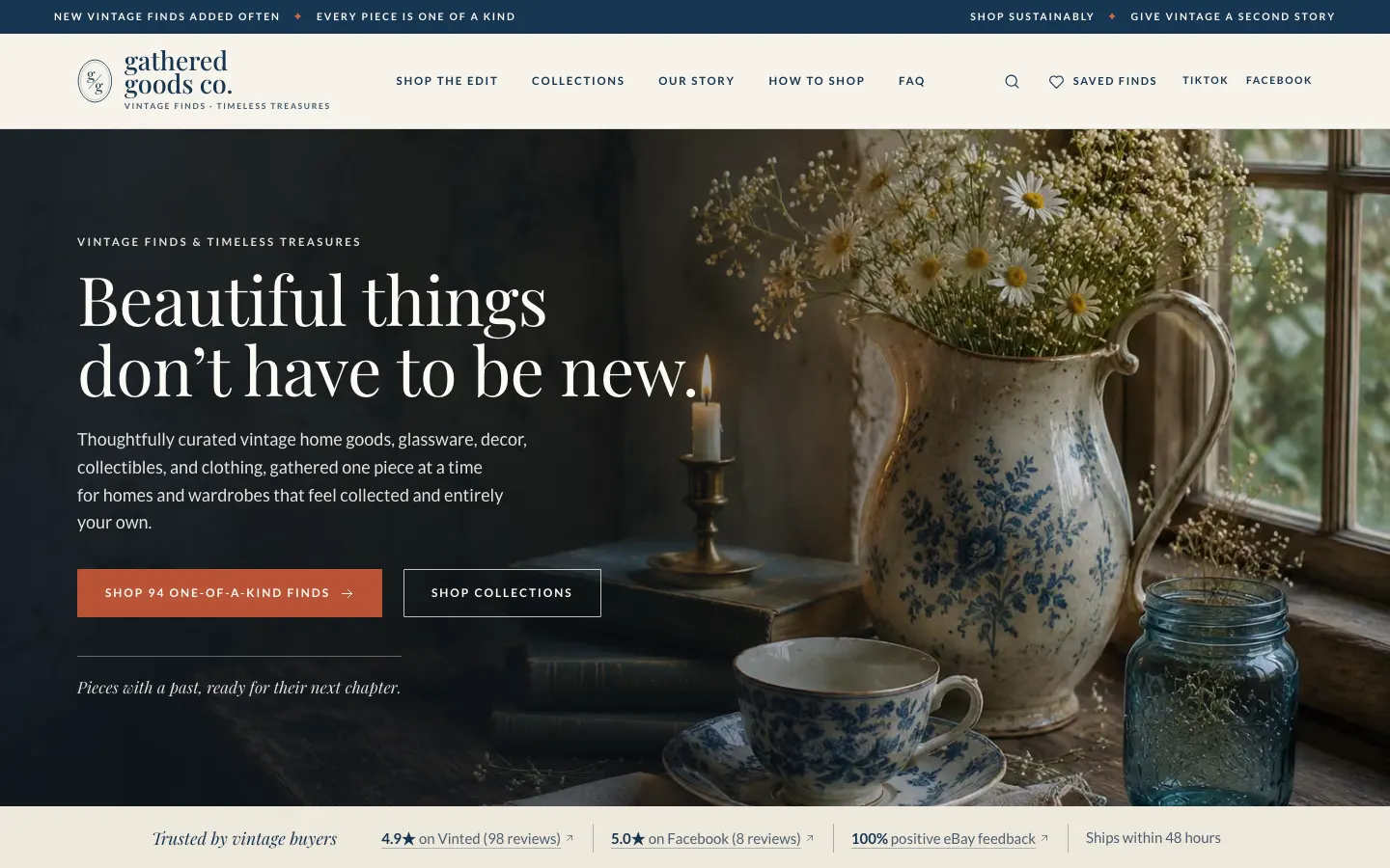 Gathered Goods Co. homepage: the headline 'Beautiful things don't have to be new' beside a still life of a blue-and-white vintage pitcher, with marketplace ratings below