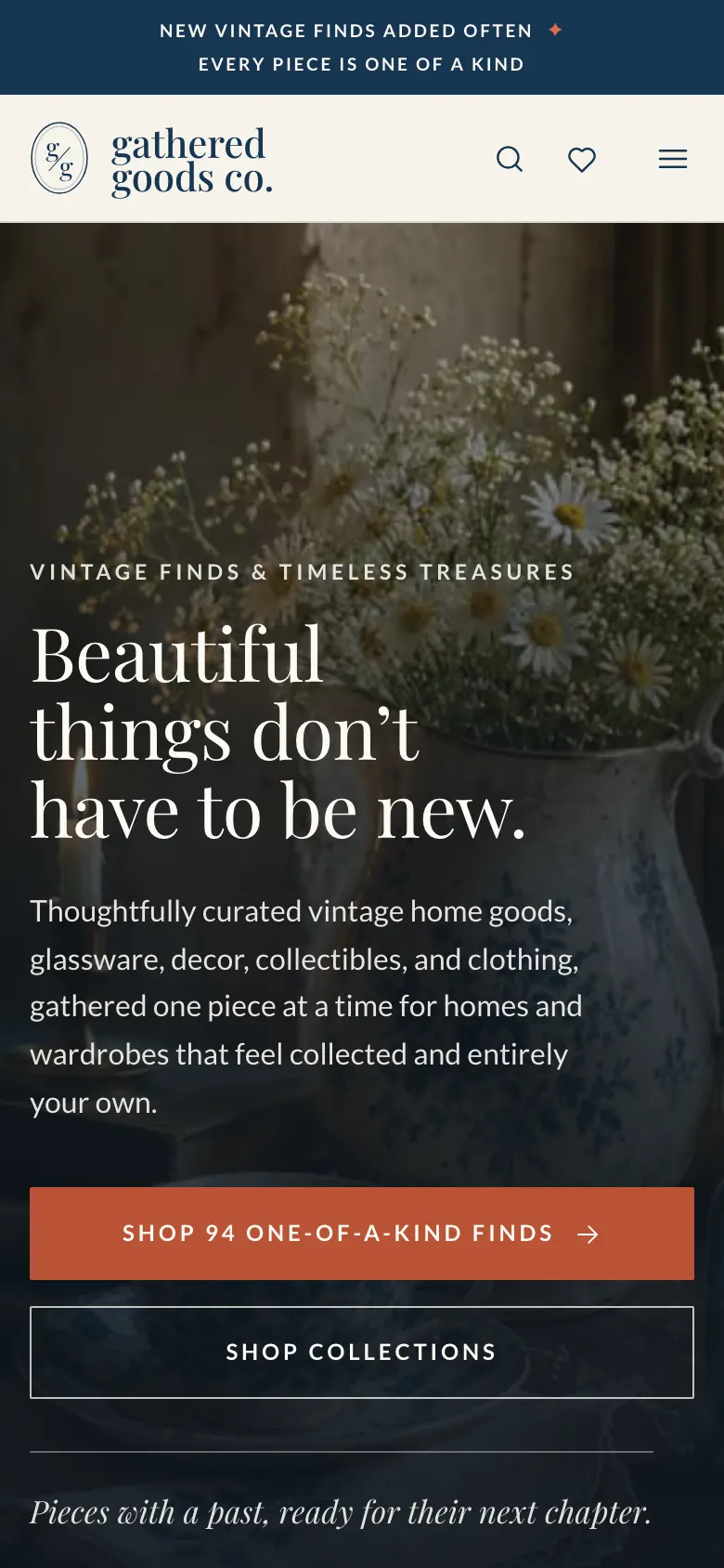 Gathered Goods homepage on a phone, with the headline and Shop button in the first screen