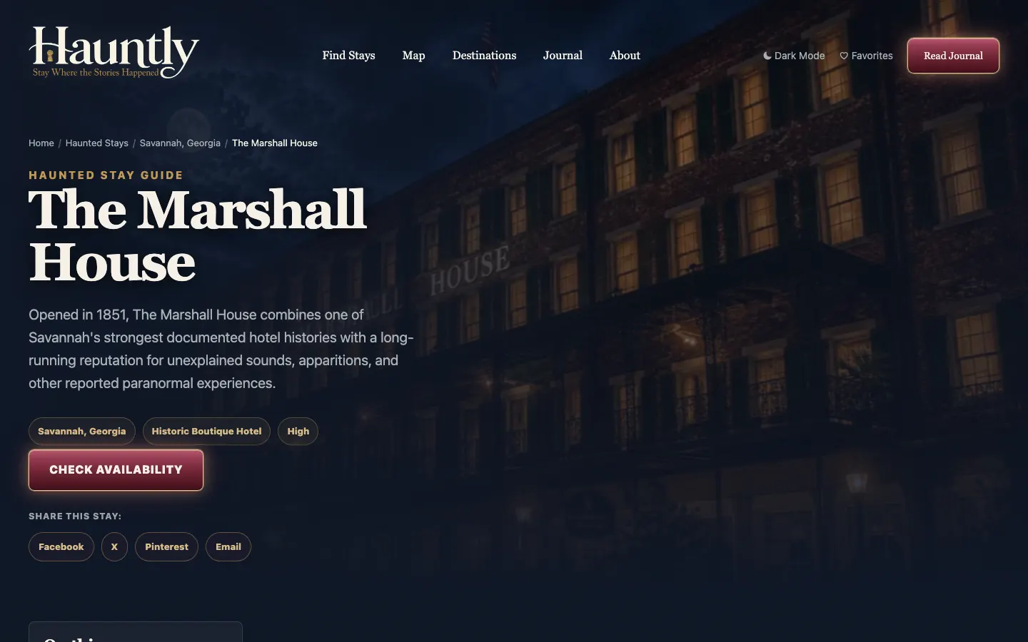 Hauntly's haunted stay guide for The Marshall House in Savannah, with a short summary, location and property-type tags, and a Check Availability button