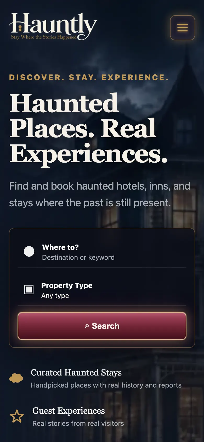 Hauntly homepage on a phone, with the headline and a stacked destination and property-type search in the first screen