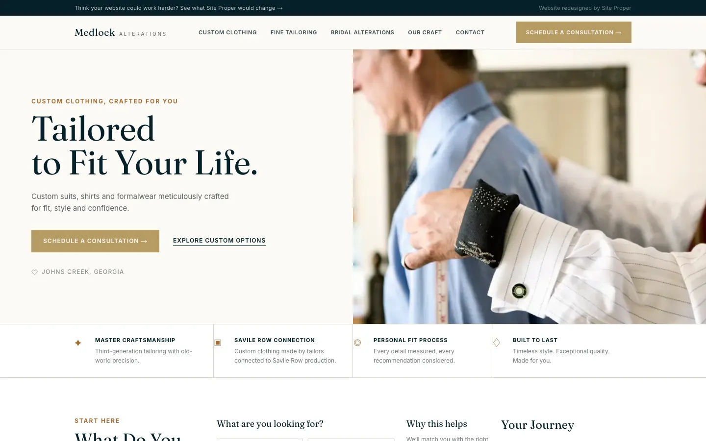 Site Proper's concept redesign of Medlock Alterations: the headline 'Tailored to Fit Your Life' with a Schedule a Consultation button